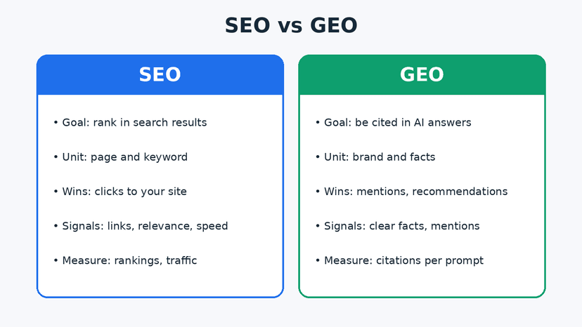 SEO and GEO side by side: same foundations, different targets.