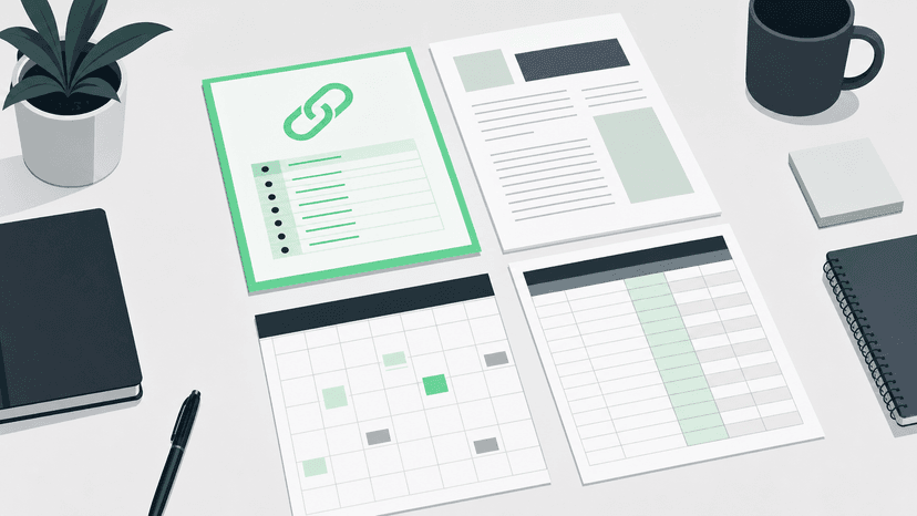 Multiple SEO strategy components including directory submissions, content marketing, and guest posting arranged on a desk
