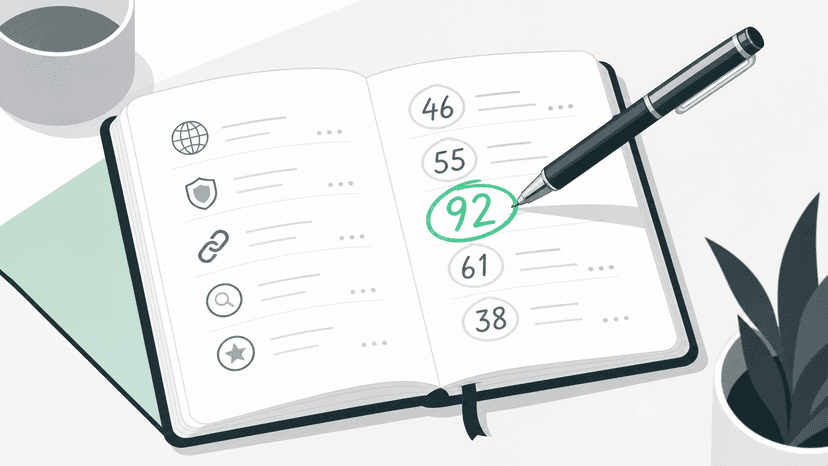 A notebook showing domain authority scores and directory ranking criteria with handwritten notes and circled high-DA targets