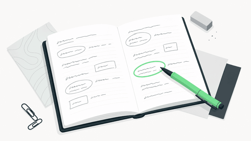 Notebook page with key SaaS link building terminology written and highlighted, showing foundational vocabulary for strategy planning