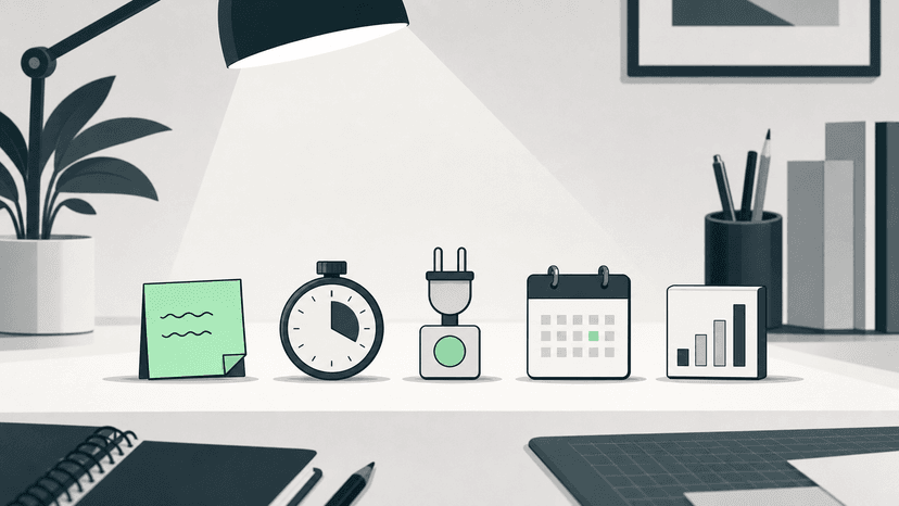Five ranking criteria for AI tools visualized as distinct objects on a PM's desk: workflow fit, cost-to-value, integration, time savings, and user verification.