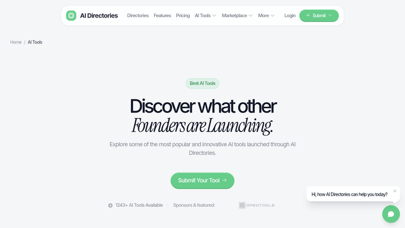 Screenshot of an AI tools directory homepage showing product listings and pricing options.