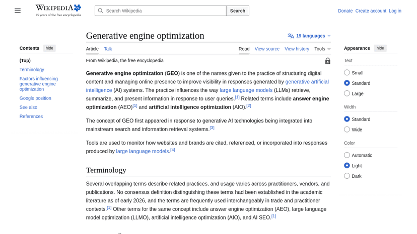 Wikipedia's GEO definition page, establishing the formal terminology and core concept of generative engine optimization.