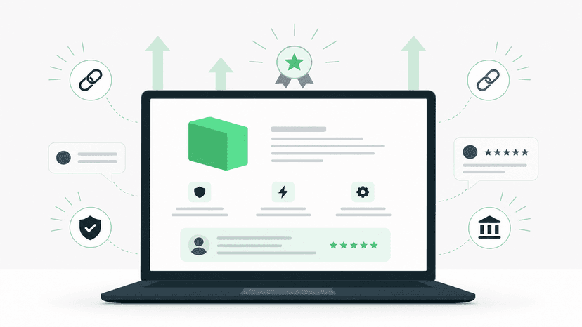 SaaS product page on a laptop with trust signals and credibility indicators surrounding the interface, illustrating how backlinks boost perceived authority