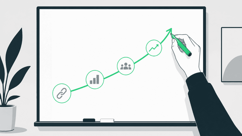 Hand sketching an upward curve on a whiteboard showing the business impact chain: links to rankings to sessions to MRR growth