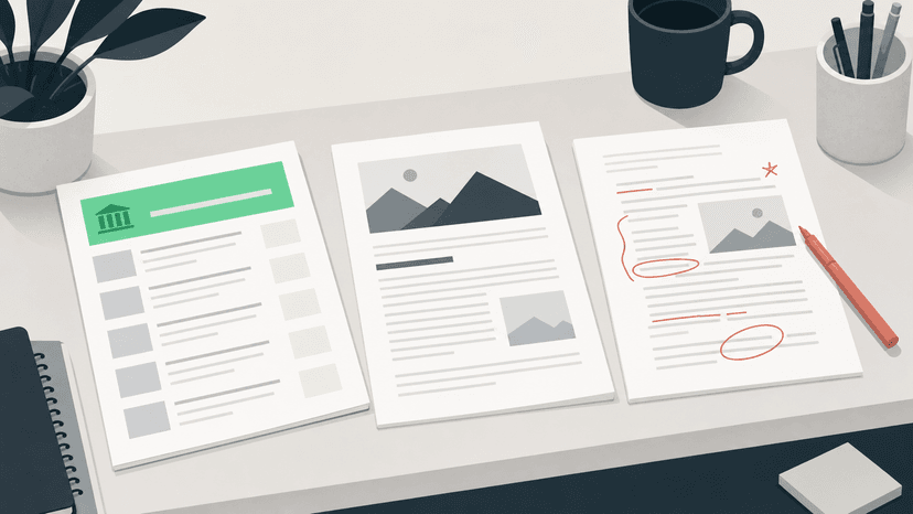 Three link building mechanisms displayed as physical items on a desk: directory listing, guest post draft, and niche edit document