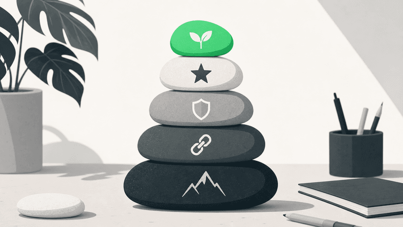 A visual metaphor showing the stacking of easy backlink wins before pursuing larger domain targets, illustrating the priority pyramid for new website link building.