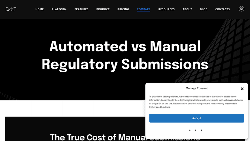 DNXT Solutions comparison dashboard displaying manual vs automated submission metrics including timelines and rejection rates