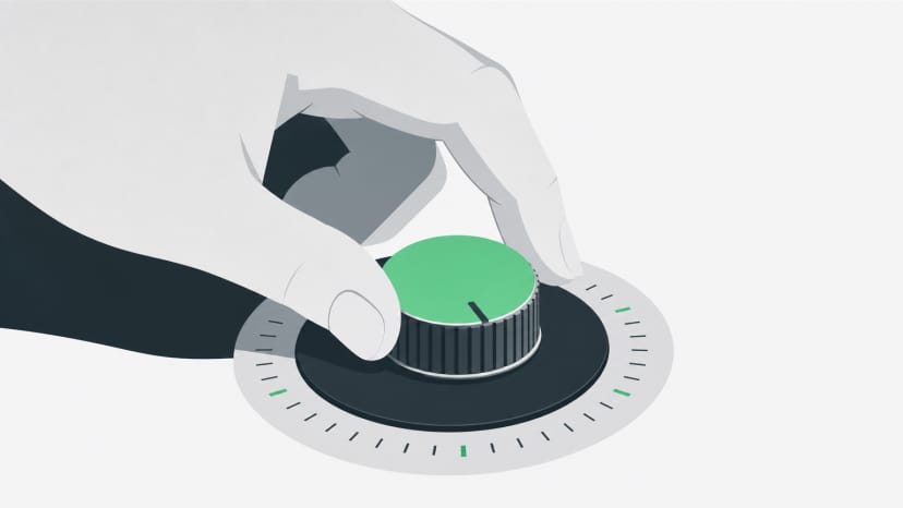 Hand controlling a dial to represent precise timing and selective control over when and which content gets submitted
