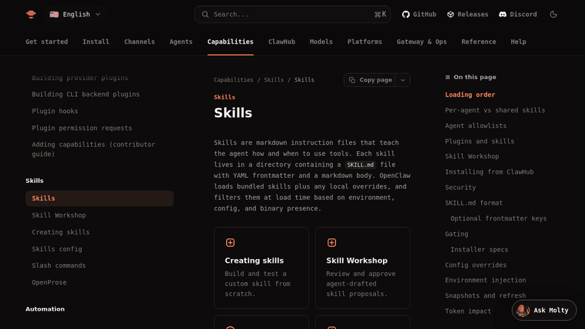 OpenClaw documentation showing the SKILL.md file format with YAML frontmatter structure.