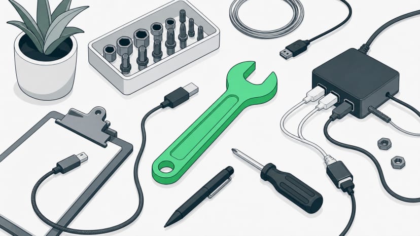 Various tools connected together on a desk, representing how skills extend OpenClaw's capabilities and integrate external services.