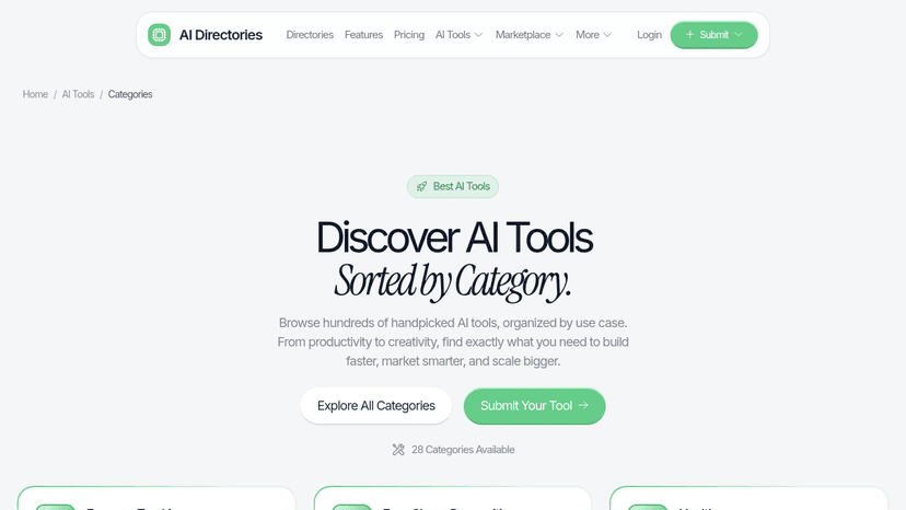 AI Directories category index showing how modern directories organize and classify AI tools and services.