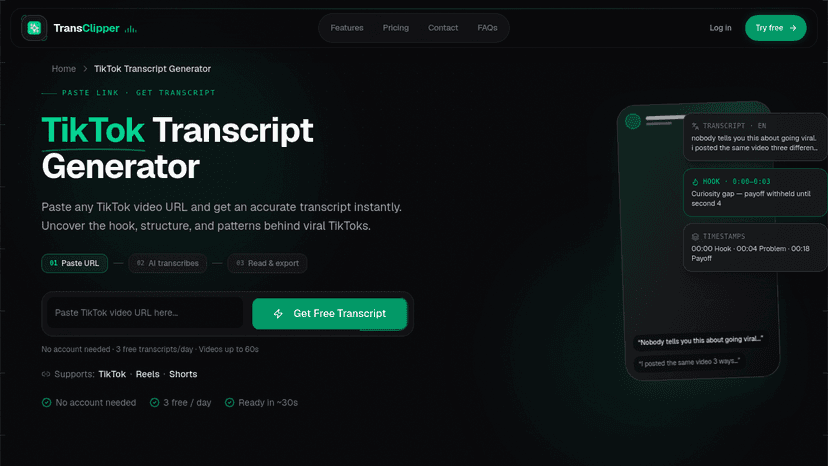 Transclipper TikTok transcript generator interface showing the URL input field