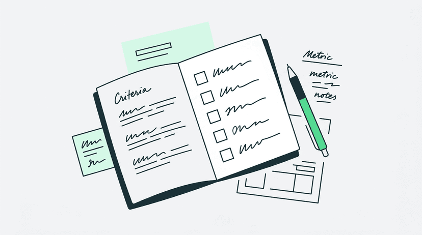 Ranking criteria illustrated as a handwritten scorecard showing transcription accuracy, export formats, language coverage, free-tier limits, and workflow friction.
